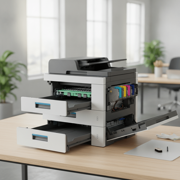 Modern office printer with easyaccess paper trays open