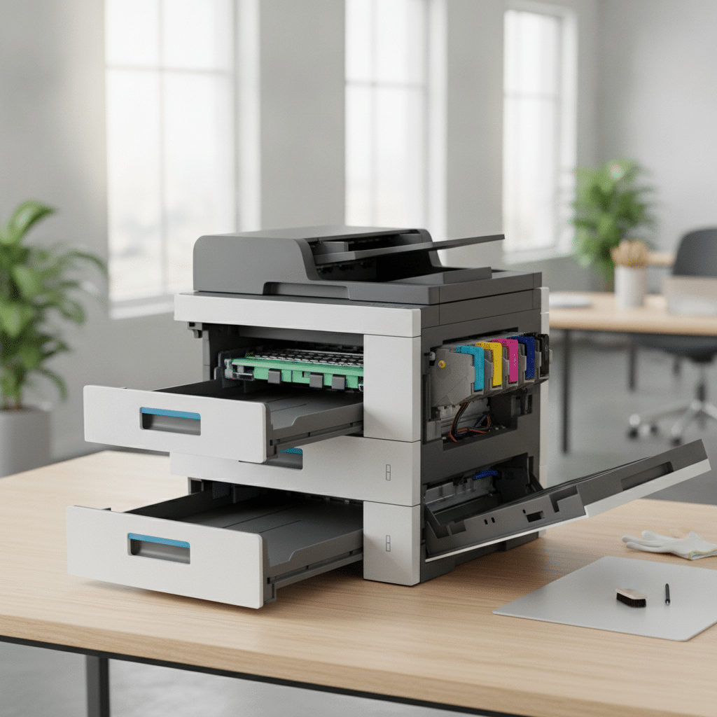 Modern office printer with easyaccess paper trays open