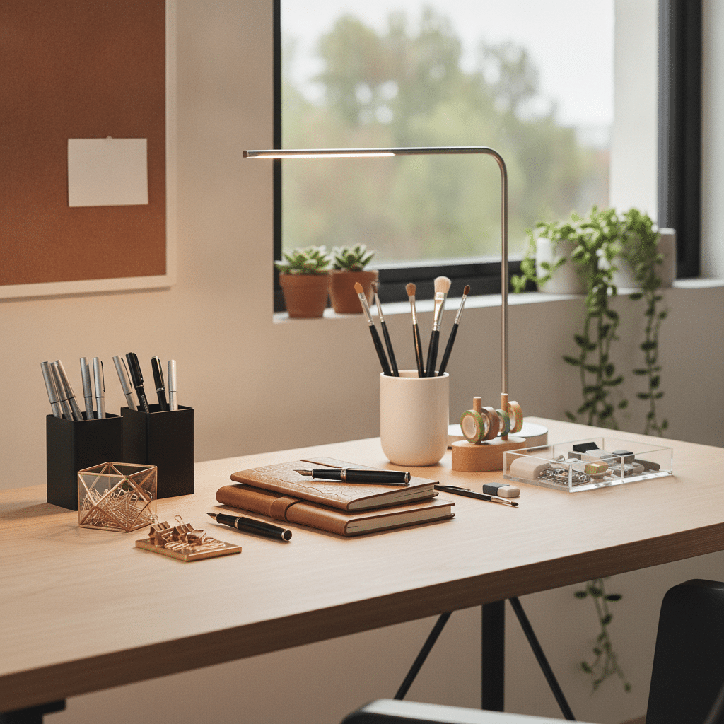A tidy desk showcasing neatly organized stationery essentials