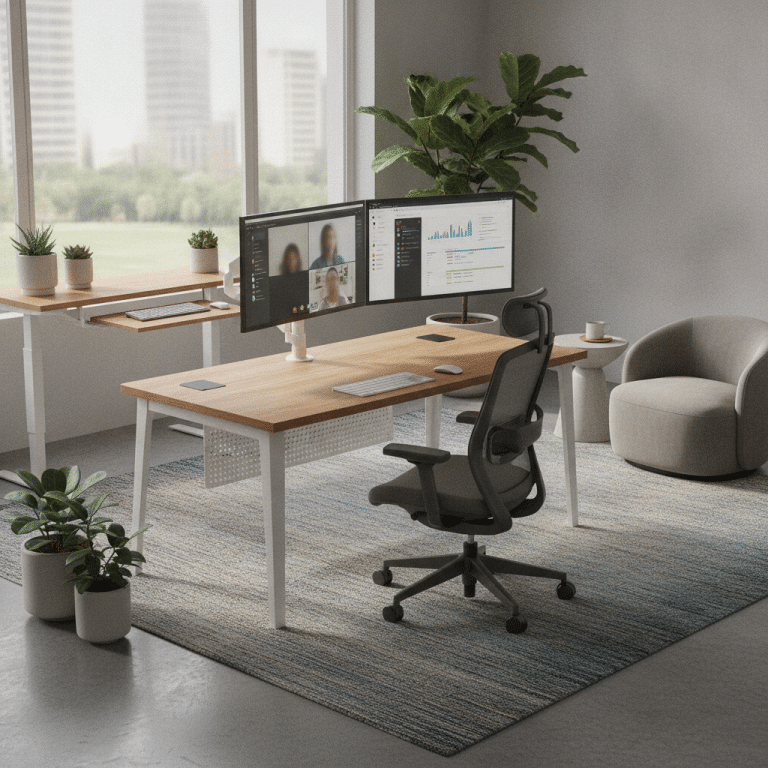 Hybrid workspace with ergonomic furniture and dual monitors