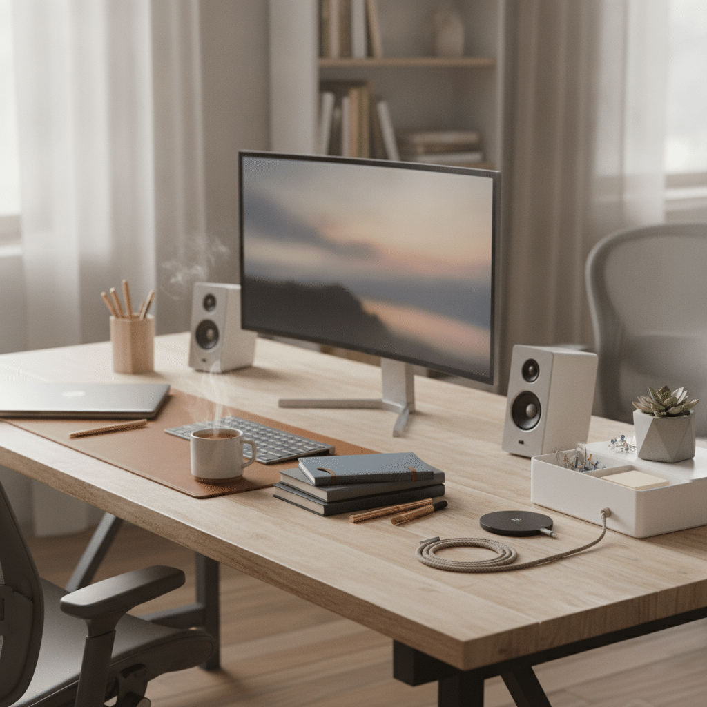 Neatly arranged office desk with essential supplies displayed