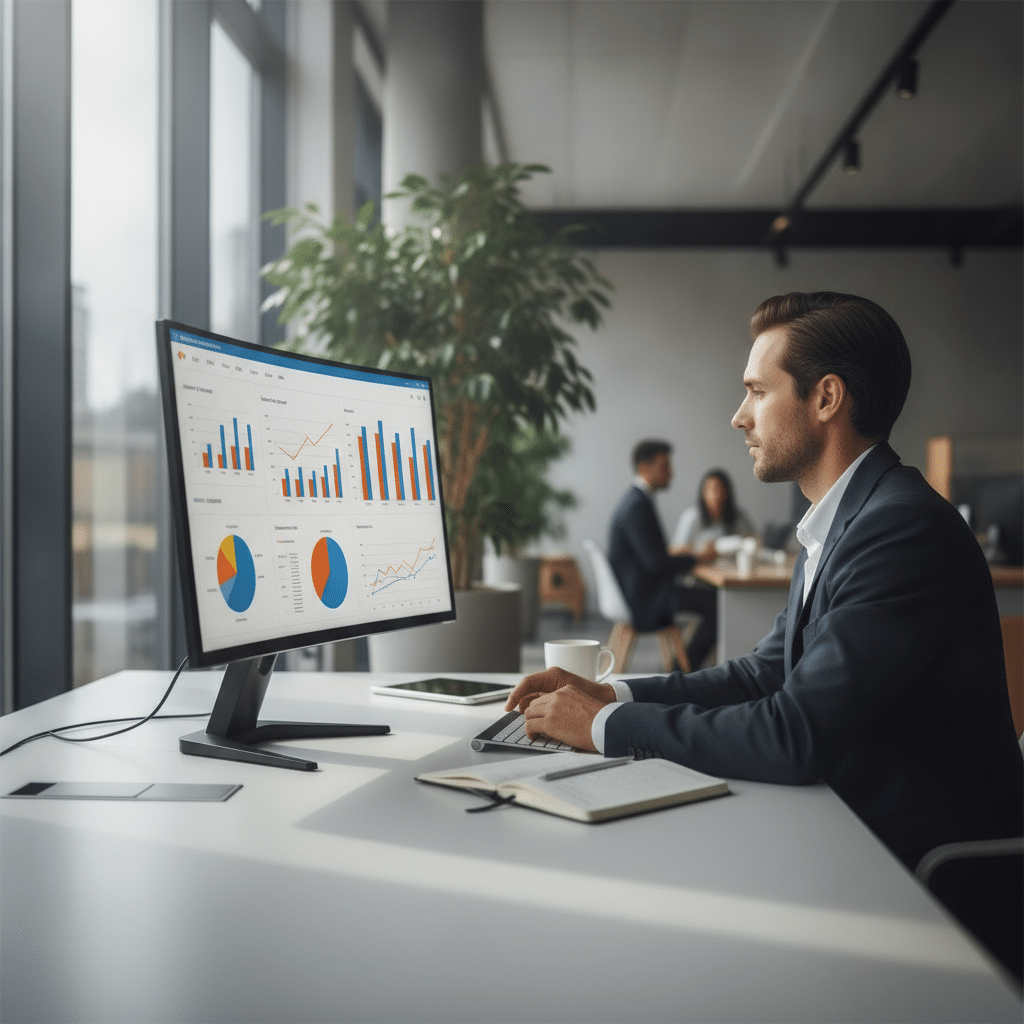 Businessperson analyzing datadriven insights on computer screen Image