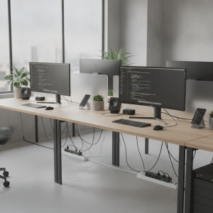 Modern office setup with devices and surge protection