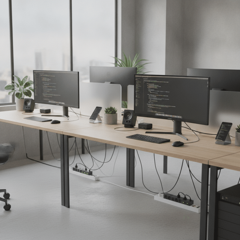Modern office setup with devices and surge protection