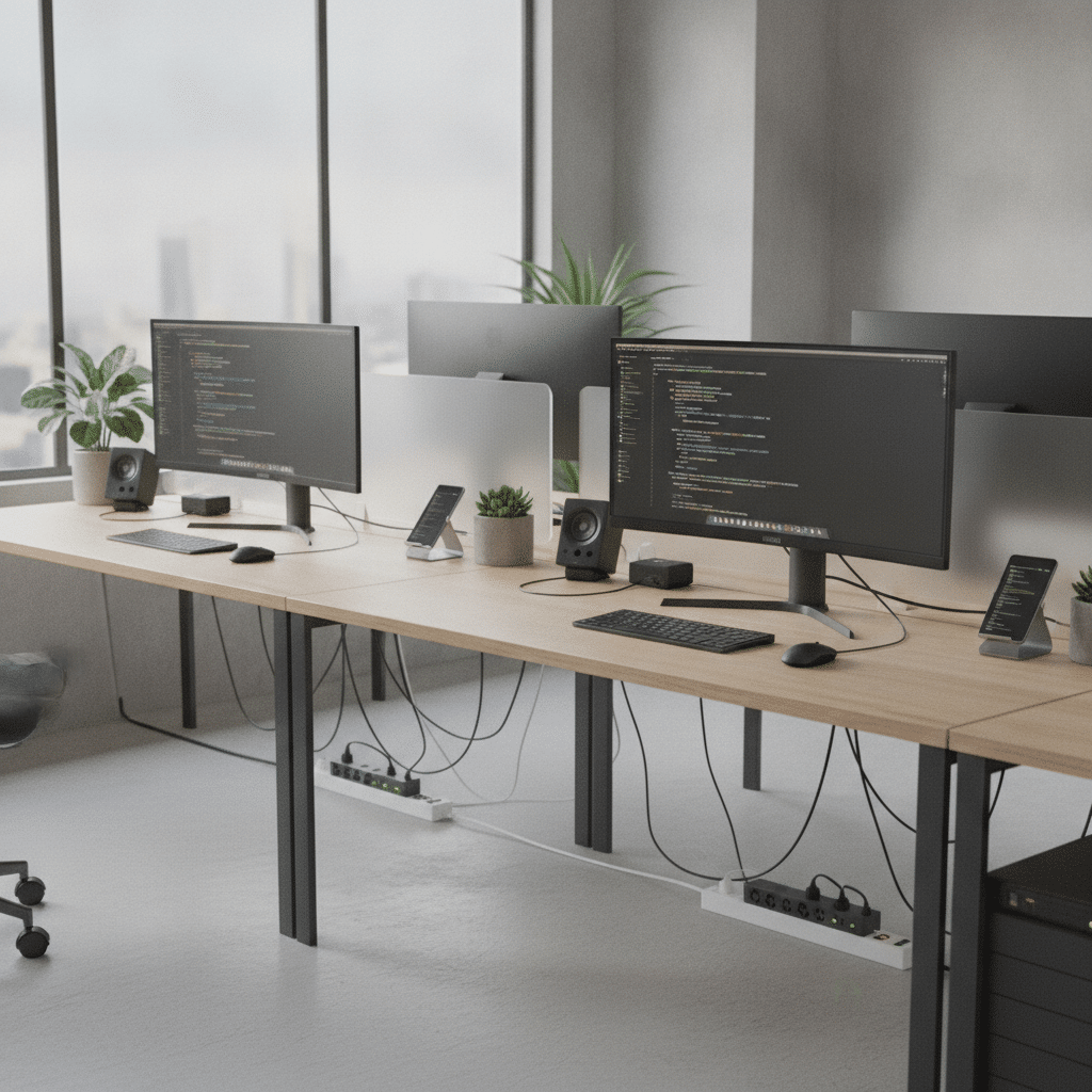 Modern office setup with devices and surge protection