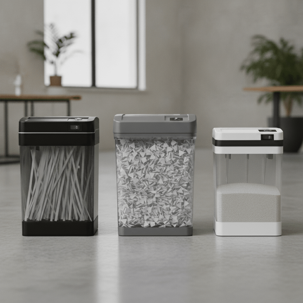 Strip cross and micro cut paper shredders displayed