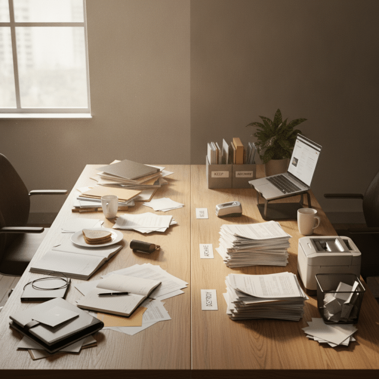 Desk transformation from chaos to organized productivity success