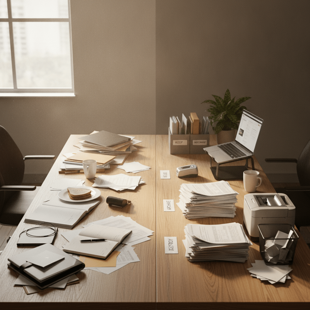 Desk transformation from chaos to organized productivity success